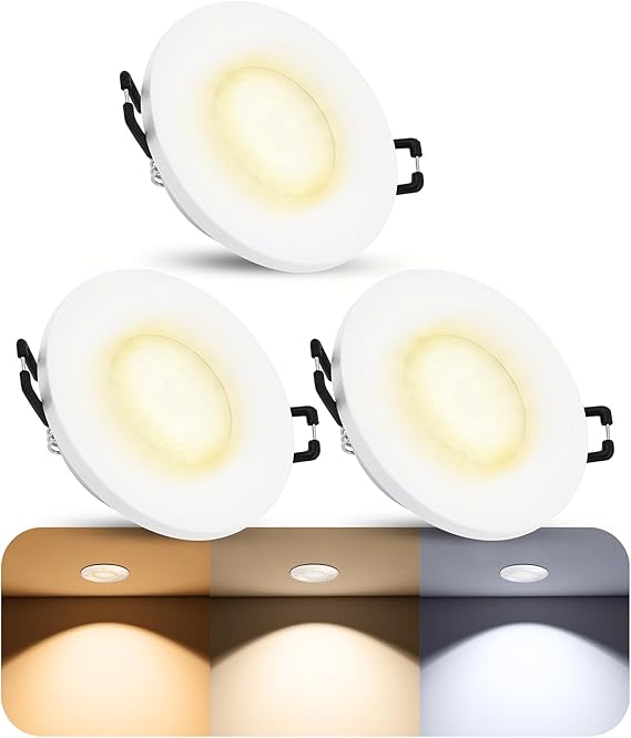 SSC-LUXon BEDA Bathroom Recessed Spotlights Set of 3 Round White IP65 4W 3 Light Colours Three bathroom ceiling spotlights round white only 30 mm deep for shower and bath - warm/neutral/daylight waterproof IP65