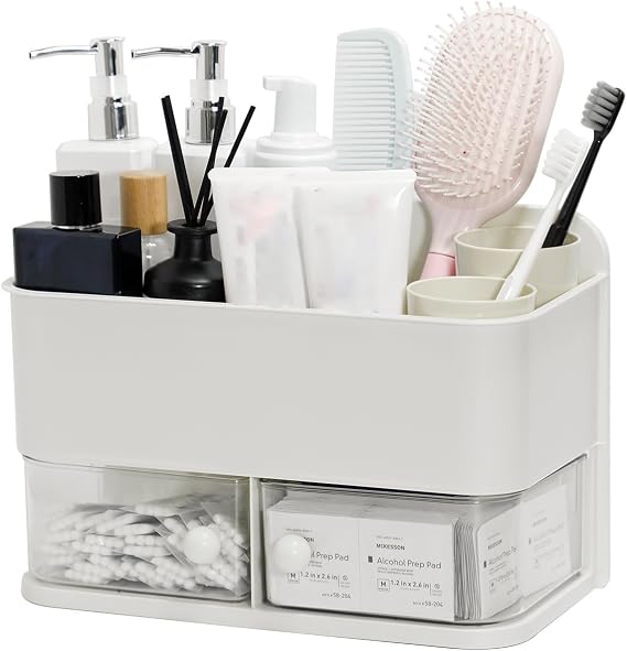 Wall Mounted Organizer for Bathroom, 2 in 1 Plastic Shower Caddy and Qtip Holder, Large Adhesive Storage Shelf with Drawer for Toothbrush Cups, Skincare Products