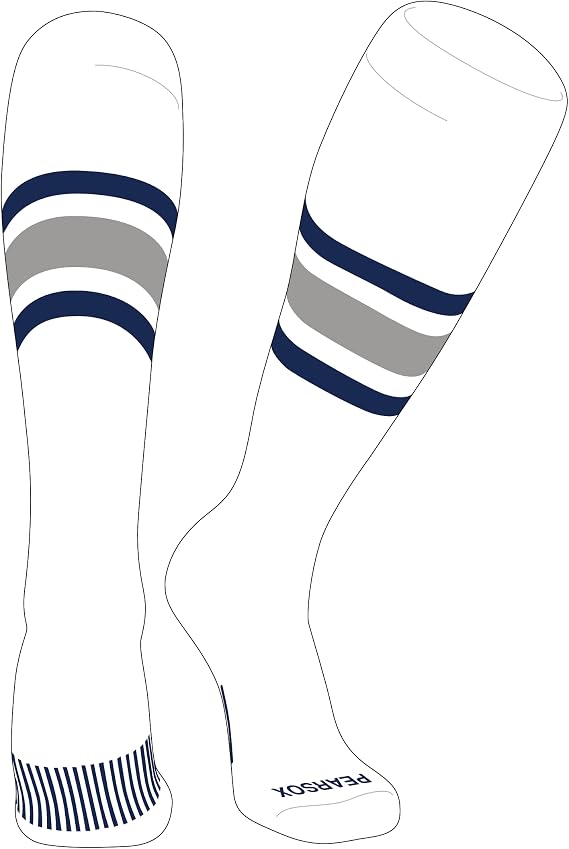 PEAR SOX Striped OTC Baseball, Softball, Football Socks (B) White, Navy, Silver