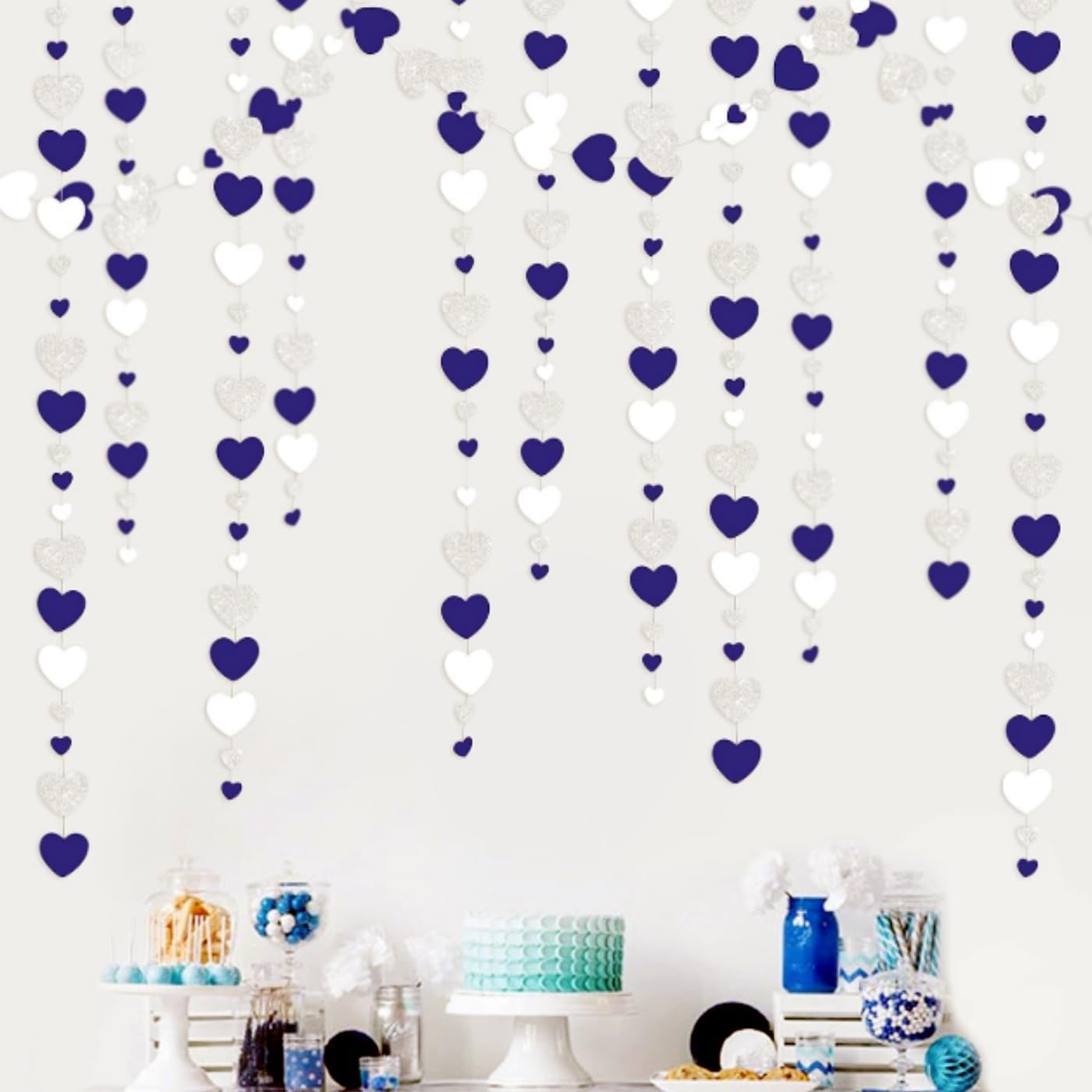 4 Sets of SilverBlue Heart Shaped Paper Tassels for Baby Shower Engagement Party Bridal Party Birthday Party Graduation Ceremony Nautical Theme Party Decoration