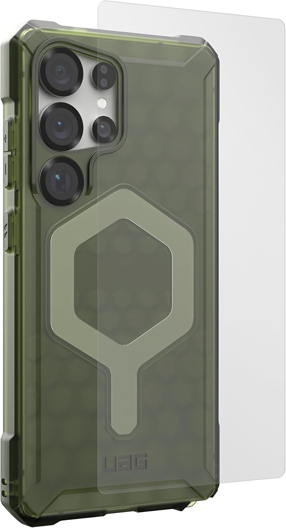 URBAN ARMOR GEAR UAG Designed for Samsung Galaxy S25 Ultra Case Essential Armor, Compatible with Magnetic Charging Bundle with Glass Shield Screen Protector (Olive Drab + Clear)