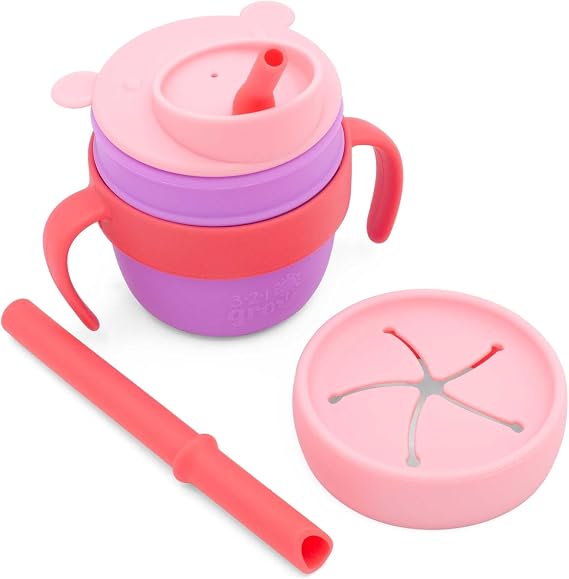Easy Learn Drink and Snack Set Baby + Toddler Silicone Learning Cup & Snack Set, Training Cup for Straw and Open Cup Independence Dishwasher Safe (Plum)