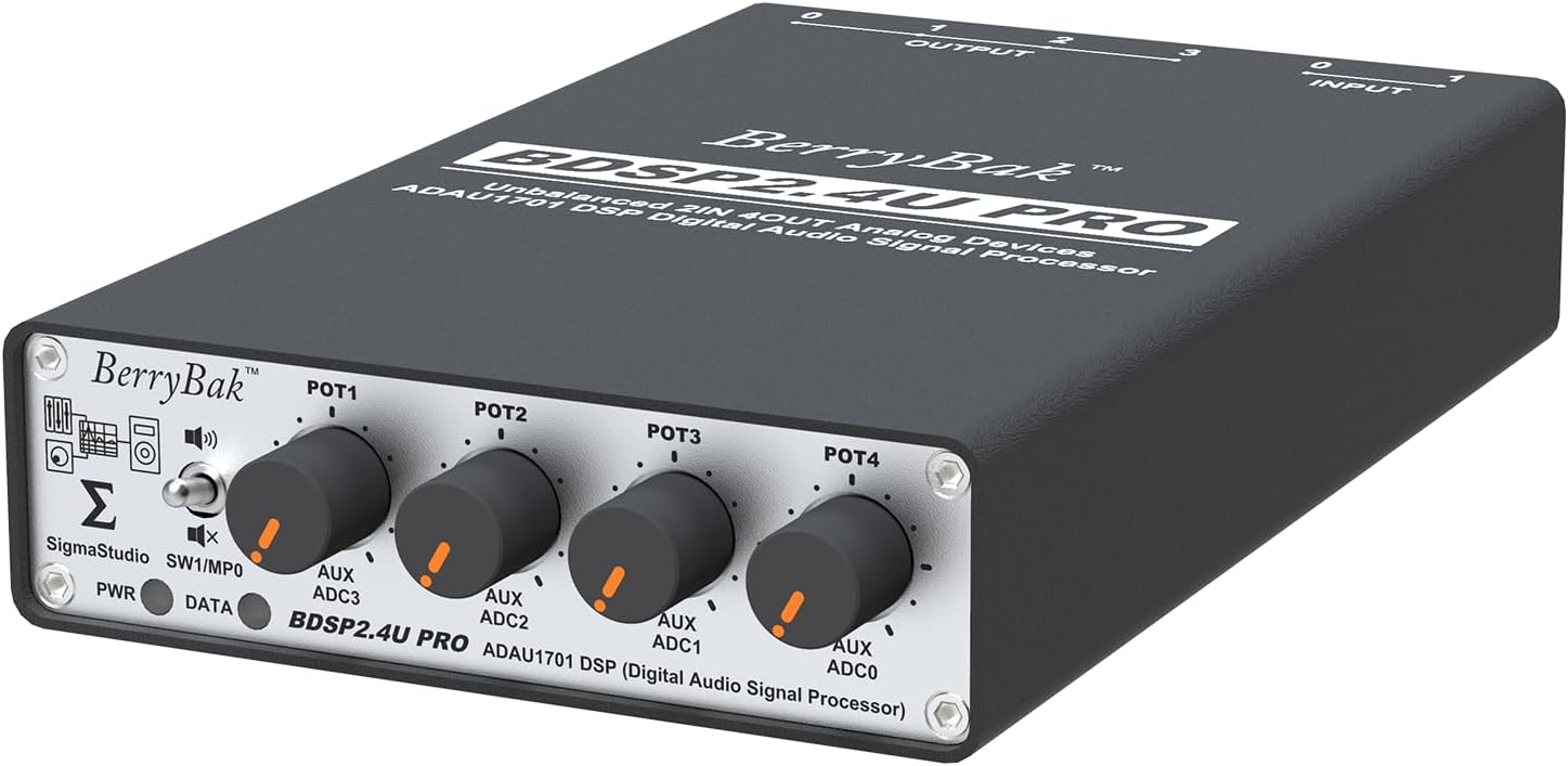 Independent ADC & DAC ADAU1701 DSP Preamp Unbalanced 2 in 4 Out, 2.2/2.1 Digital Signal 2-Way Crossover, Sigmastudio and PC UI Control for EQ and Bass Enhancement BDSP2.4U-Pro