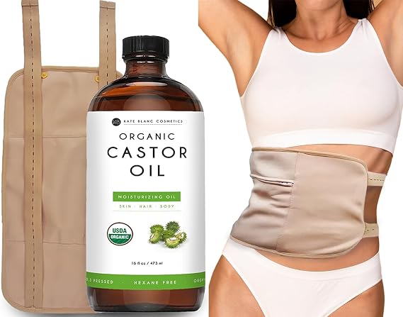 Kate Blanc Cosmetics Castor Oil Pack Wrap with 16oz Amber Glass Bottle