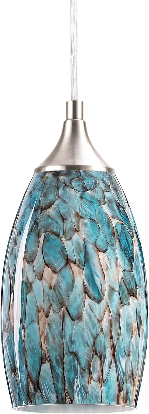 COOSA 1-Light Pendant Light, Handcrafted Art Glass Hanging Light with Brushed Nickel Finished Adjustable Cord for Kitchen Island (Blue)