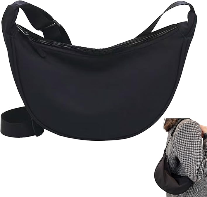 Crescent Crossbody Bag, Nylon Hobo Sling Crescent Bag with Adjustable Strap, Fashionable Shoulder Bag for Both Women and Men, Small Shoulder Bag Purse Dumpling Bag, Black, Small, Black, S