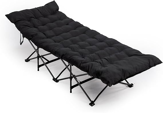 Folding Camping Bed With Thick Mattress, 150kg Load, Black