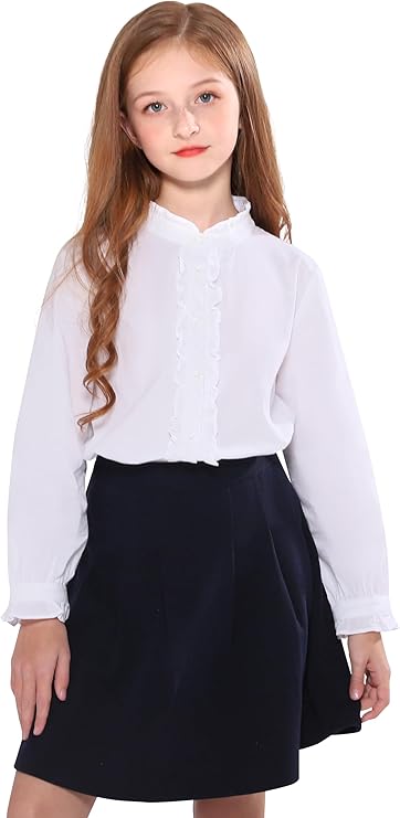 SOLOCOTE Girls White Blouse Ruffle Long Sleeve Button Down Shirt | School uniform, Dress shirt, 5-14 Years, Ruffle collar and cuffs