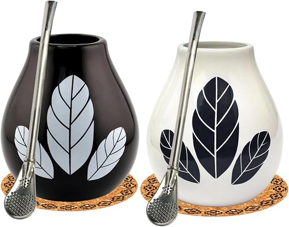 Mate Tea Cup Set for Two ● Ceramic Yerba Mate Tea Cup Hoja Calabash Cup 350 ml ● Steel Straw Bombilla with Cooling Ring Stainless Steel Staw ● Cork Pad ● Starter Kit for Two Necessary Accessories