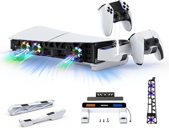 NexiGo PS5 Slim Horizontal Stand with Charging Station for PS5 and Edge Controllers Silent Enhanced RGB Cooling Fan with Temperature Control LED Indicator Compatible with PS5 Slim White