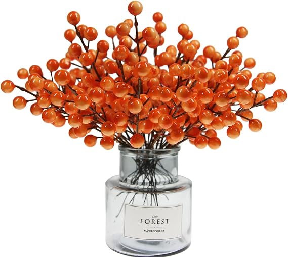 Tinsow 30pcs Artificial Berry Fall Picks, 7.9inch Faux Orange Holly Fall Berry Picks and Sprays for Home,Kitchen Decor and Thanksgiving Harvest Festival, Halloween