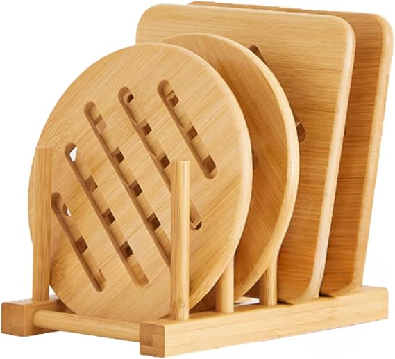 AlftoTrivets for Hot Pots and Pans, Bamboo Trivet Hot Pads for Kitchen Counter, Trivet Stand Mat Set Coaster for Kitchen, Wooden Heat Resistant Holder for Bowl/Dishes/Teapot/Table (4pcs+1rack)