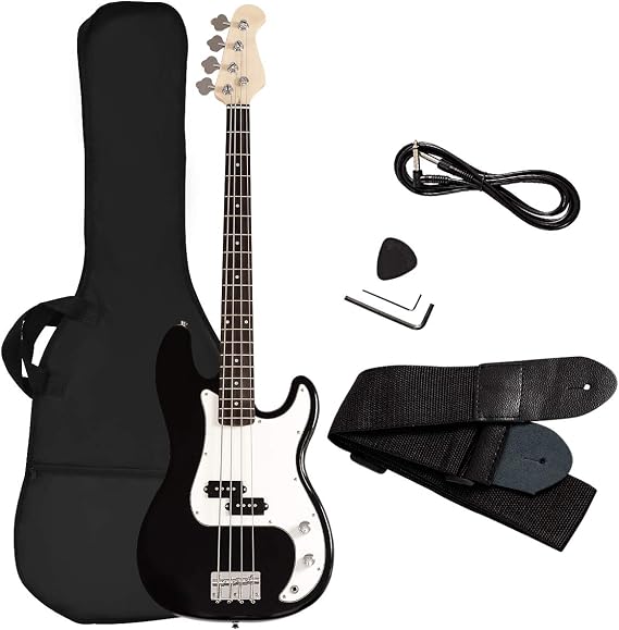 Goplus Electric Bass Guitar, Full Size 4 string with Strap Guiter Kit/w Carrying Bag, 2 Pickup, Perfect Bass for Beginners (Black Bass 4 Straps)