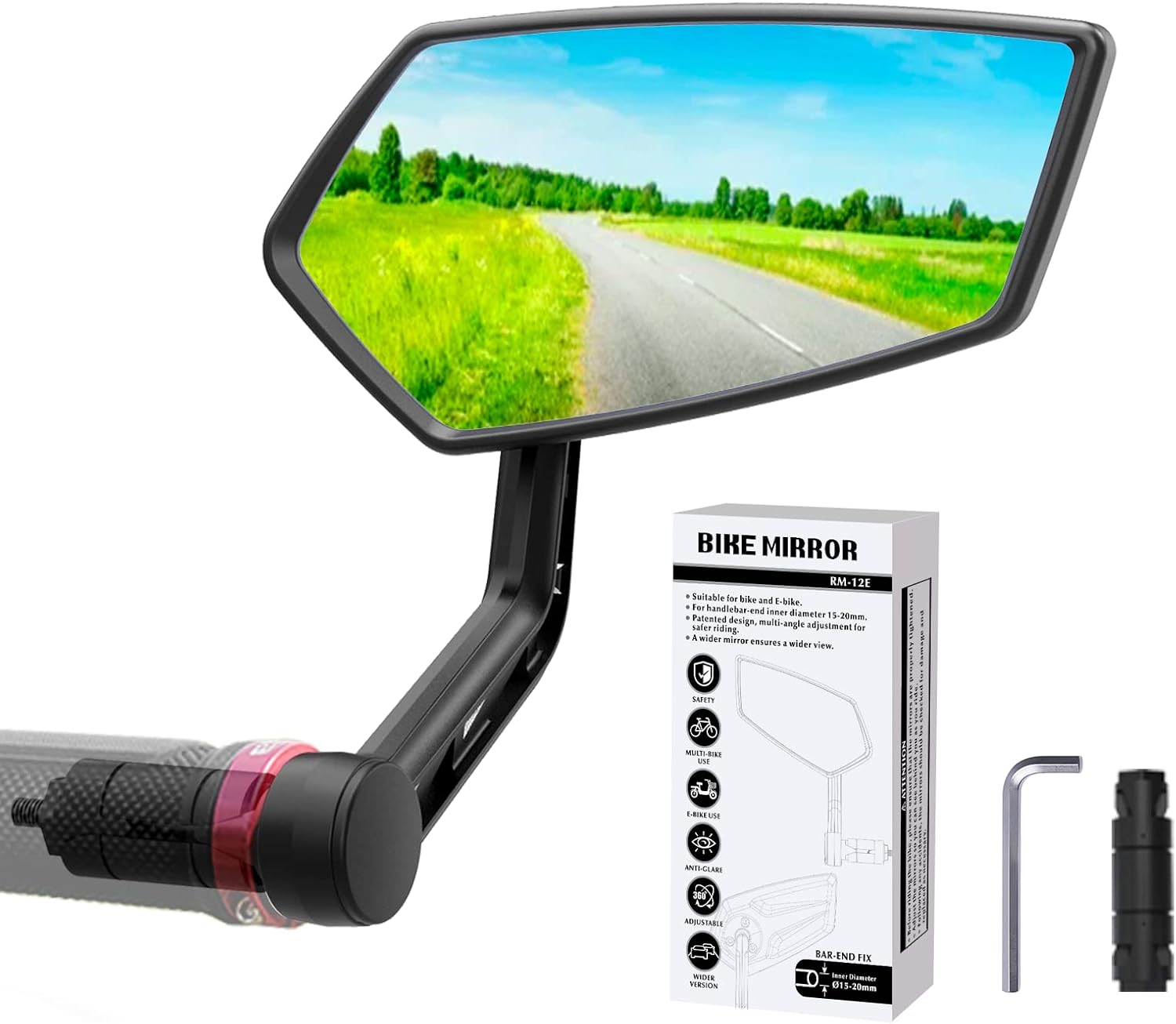 RBRL Bike Mirror Rotatable HD Safety Convex Bar End Mirror, Scratch Resistant Wide Angle Bicycle Shatterproof Side Mirrors, Mirrors for Electric Bikes Universal Right RM12E-1