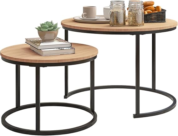 Round Nesting Coffee Table Set of 2 for Living Room, End Side Table with Metal Frame, Sofa Tea Table for Small Space, Black and OAKDK, 69.5 x 49 cm and 49.5 x 35.5 cm (Dia. X H)