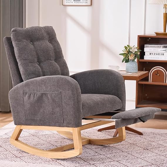 Rocking Chair with Foot Rest, Nursery Rocking Chairs with Rubber Wood Legs, High Back Pocket Modern Upholstered Glider Chair, Comfy Accent Rocker Armchair for Living Room Bedroom,Dark Grey