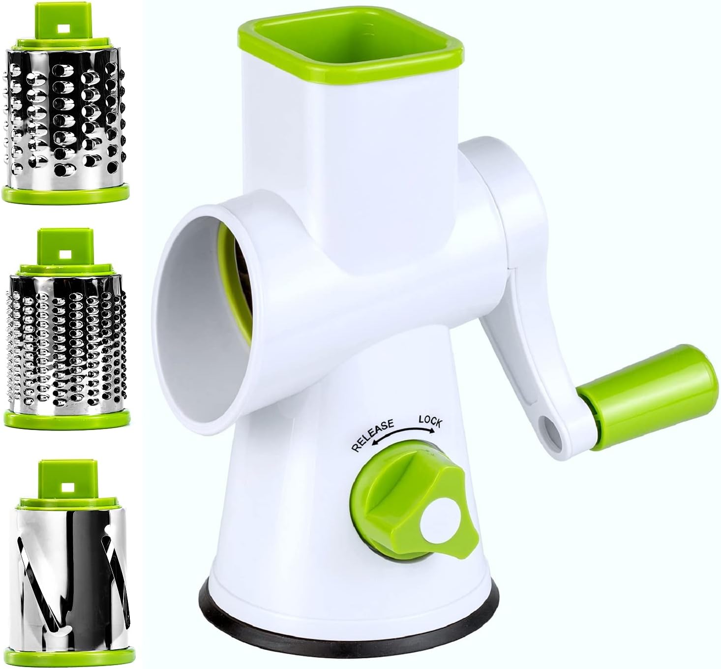 Rotary Cheese Grater - Round Vegetable Mandoline Slicer with 3 Drum Stainless Steel Blades, Dishwasher Safe, Super Vacuum Suction Base DLG-RG001
