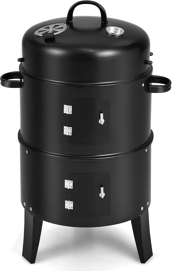 3-in-1 Vertical Charcoal Smoker Portable BBQ Smoker Grill with Detachable 2 Layer