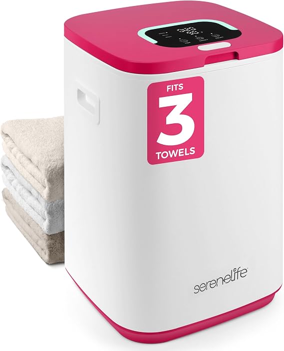 SereneLife Towel Warmer Bucket - Compact 23L Bathroom Towel Heater with Essential Oils Disc Holder, Adjustable Timer, Auto Shut-Off, Power Cord Storage & LED Display, Fits 2 Oversized Towels (Pink)
