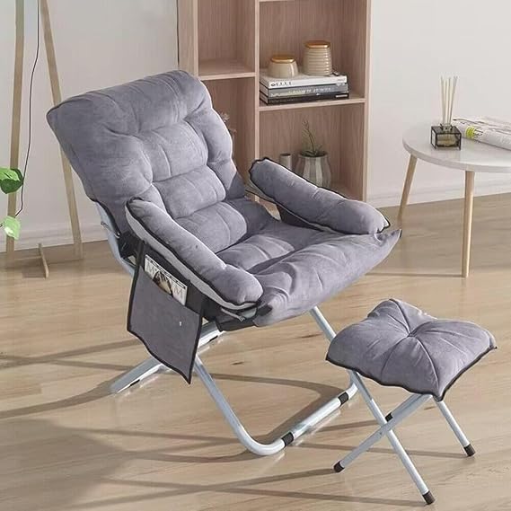 Lazy Chair with Ottoman, Modern Folding Lounge Reclining Leisure Chair with Side Pocket and Armrests, Adjustable Reading Sofa Chair with Footrest for Bedroom/Office/Living Room, Grey