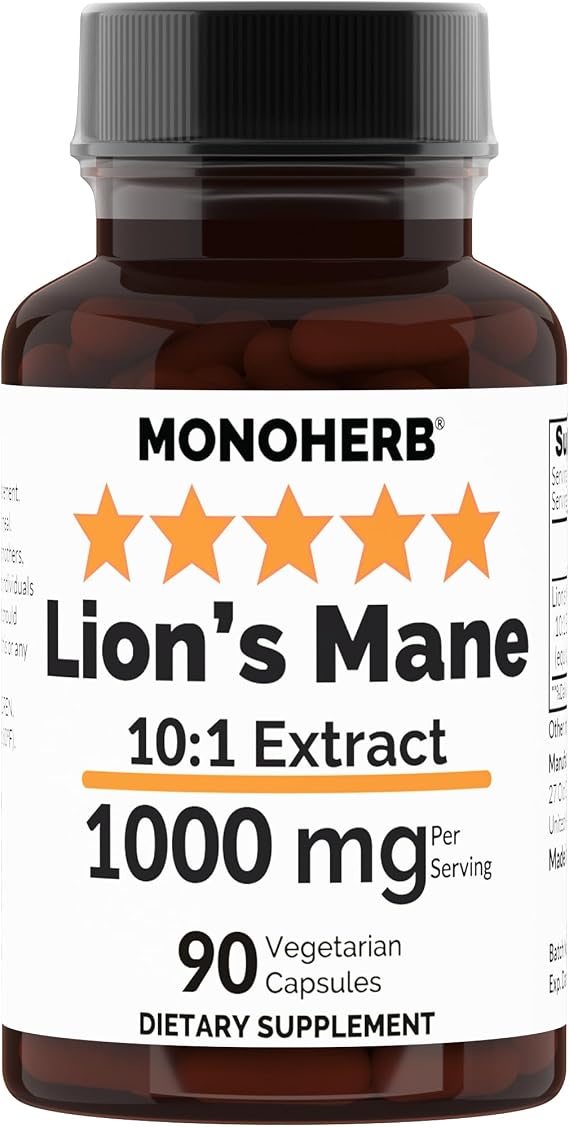 MONOHERB Lions Mane Mushroom 10:1 Extract - 1000 mg per Serving - Serving Size: 2 Capsules - 45 Servings per Bottle