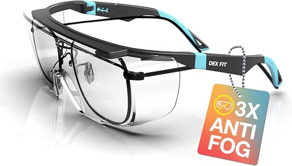 DEX FIT Safety Glasses Over Eyeglasses SG210N - Anti-Fog & Scratch Resistant Z87.1 Certified, Adjustable Temples, Side Shields, UV Protection, Clear Lens PPE for Men & Women; Black & Blue, 1 PC