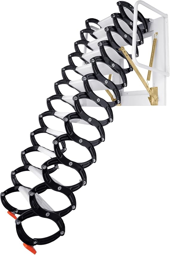 Attic Ladder, 12 Steps Attic Stairs Pull Down, 10.17FT Wall-Mounted Foldable Loft Extension Ladder with Armrests and Pulldown System, Al-Mg Alloy Aluminum Alloy Retractable Loft Ladder White&Black