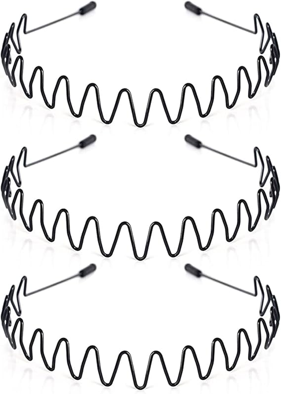 3pcs Smooth Metal Hair Band Daily Gym Running | Black classic elastic hoop, unisex for workout yoga office, simple secure non-slip style, lightweight comfortable wear