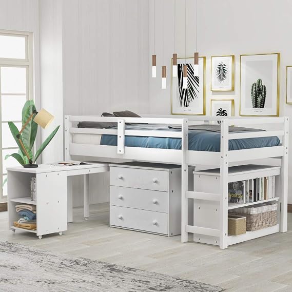 Low Loft Bed with Desk - Solid Wood Kids Loft Bed with Cabinet & Bookshelf (White/Twin)
