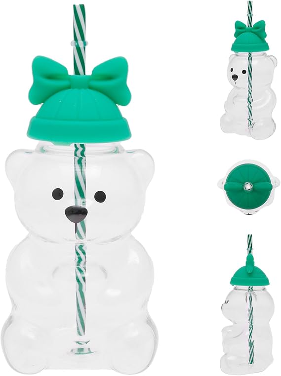 Bear Drinking Cup, Glass Bear Tea Cup with Straw and Sealed Lid 20oz Drinking Mug Ergonomic Coffee Mug for Espresso Milk Tea Juice(Green Bow)