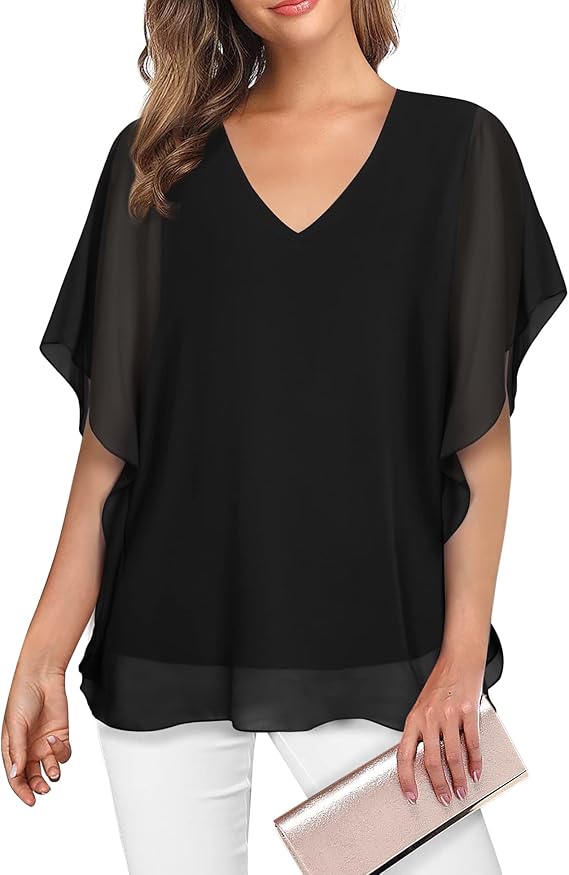 Lotusmile Womens Loose Flouncing Flutter Sleeve Double-Layered Shirt Chiffon Elegant Dressy Blouse Work Tops