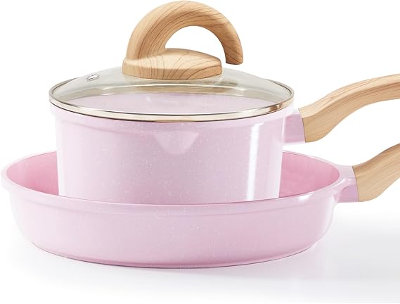 Vkoocy Pots and Pans Set Non Stick, Healthy Ceramic Cookware Set, 3pcs Kitchen Pots Frying Pan Saucepan, PFAS-Free, Pink