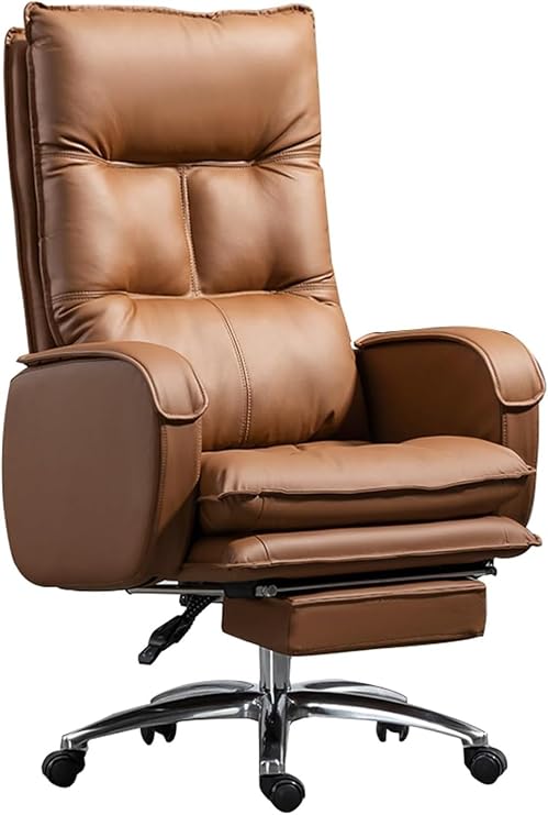 Office Chair, Comfort Genuine Leather Computer Chair, Swivel Task Chair with Adjustable Back and Retractable Footrest(Amber)