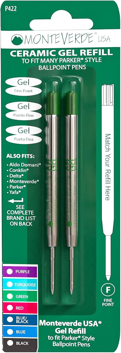 Monteverde Capless Gel Ballpoint Refill to Fit Parker Ballpoint Pens, Fine Point, Green, 2 per Pack P422GN