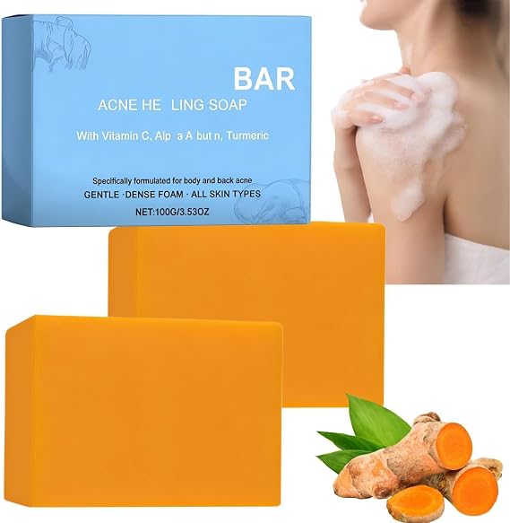 2Pcs Soap With Turmeric,Body Ac/ne Cleansing Soap with Turmeric Vitamin C,Brightening and Deodorizing Bar Soap,Natural Exfoliating Cleanser for Back,Face,Chest,Shoulders,Smooth Skin