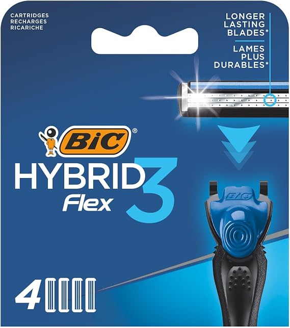 BIC Hybrid 3 Flex 4'lü Yedek Tıraş Bıçağı Kartuşu, 3 Nano Teknolojik Titanyum Bıçak, E Vitaminli Geniş Kayganlaştırıcı Band