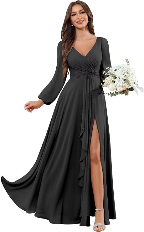 Sukleet Women's Long Sleeve Bridesmaid Dresses for Wedding with Slit Ruched Chiffon Maxi Formal Evening Dress