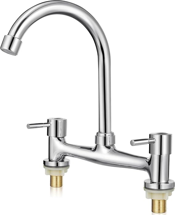 NUOBESTY Kitchen Sink Faucet 2 Hole Mixer Tap with Dual Lever Handles for Hot and Cold Water Full Rotation Spout for Kitchen Sink Bathroom Vanity and Utility