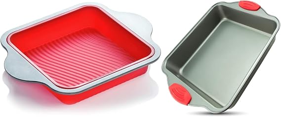 Boxiki Kitchen Premium Baking Combo: Non-Stick Silicone & Steel 8x8 Square Cake, Brownie Pan with Easy Grip Handles - Durable, Oven Safe, and Easy to Clean