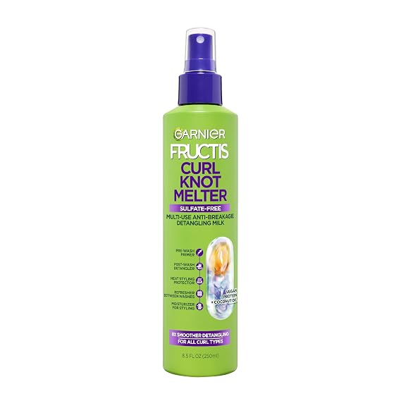 Garnier Fructis Curl Knot Melter Multi-Use Anti-Breakage Detangling Milk, Moisturizing Detangler Spray and Heat Protectant For All Curl Types, Made with Vegan Protein & Coconut Oil, 8.5 Fl Oz