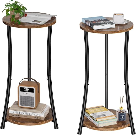 Simple Trending Round Side Table, 2 Tiers End Table for Living Room with Storage Shelf, Slim Sofa Table Set of 2, Rustic Brown