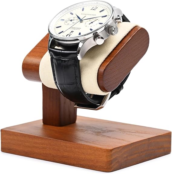 Solid Wood Single Watch Display Stand Wristwatch Holder | with soft grey microfiber cushion, slip-resistant, ideal for daily storage,retail display and professional watch photography