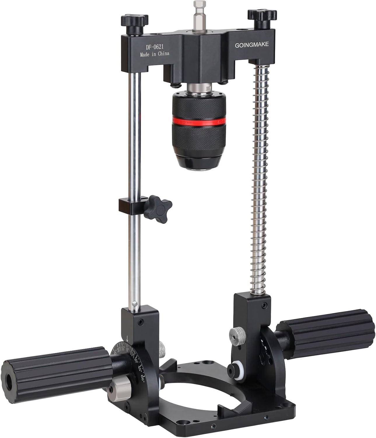Goingmake ポータブルドリルガイド 調節可能なポータブルドリルプレス -60°から60°の正の角度ストップ付き 精密ドリルジグアタッチメント 1/2インチチャック付きストレート穴とアングル穴を開ける