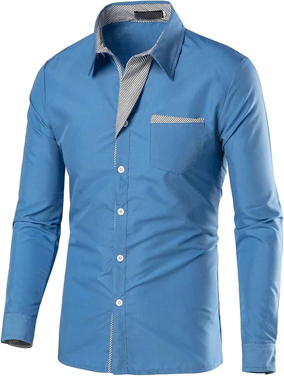 Men Fashion Contrast Striped Decorative Shirt Plaid Collar Button Shirt Casual Cotton Long Sleeve Dress Shirt (Blue,Large)