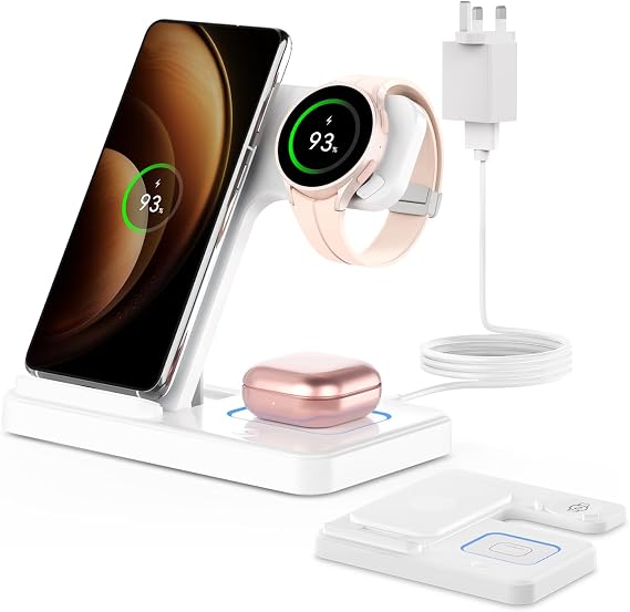 GEEKERA Wireless Charger for Samsung, 3 in 1 Foldable Charging Station for Samsung S26/S25/S24/S23, Fast Phone Watch Charger Dock for Galaxy Watch 8/7/6/5/4, Docking Station for Galaxy Buds-White