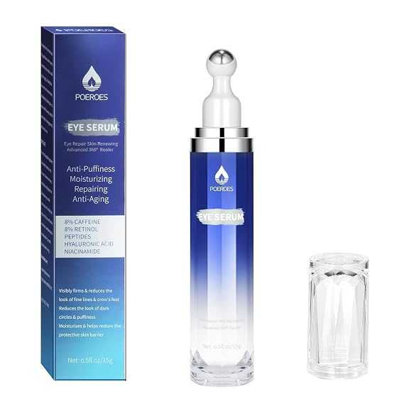 Eye Serum with 8% Caffeine & 8% Retinol Under Eye Cream 0.5 Fl Oz | Hyaluronic Acid Niacinamide & Peptides 360 Cooling Roller for Dark Circles Puffiness Fine Lines & Wrinkles,