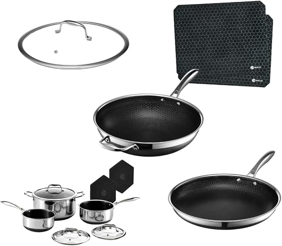 HexClad Hybrid Nonstick 13-Piece Cookware Set, 12" Pan, 12" Wok, 12" Lid, 2-Piece Dish Drying Mat Set, 2, 3, and 8Qt Pots with Lids, and 2 Silicone Trivets, Stay-Cool Handles, Dishwasher and Oven-Safe