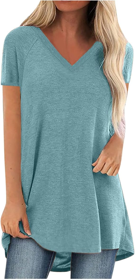 Women Summer Casual Tshirt Top Trendy Loose Fit Solid Long Tunic Tee Sexy Short Sleeve Plus Size V Neck Workout Blouse
