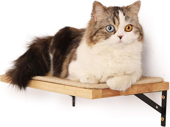 FUKUMARU Cat Wall Shelves, 17 x 10 Inch, Sisal Mat | Solid Rubber Wood Floating Shelf with Upgraded Installation, Kitten Wall Furniture for Sleeping, Playing and Scratching