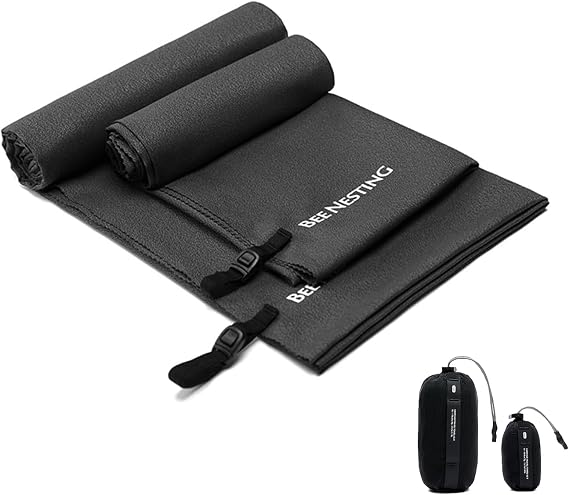 Bee Nesting Ultralight Quick Dry Towel - Medium&Small 2 Pack Microfiber Towels with Compact Packable Pocket for Lightweight Backpacking Travel, Beach, Gym, Camping & Hiking(Black, M&S 2 Set)